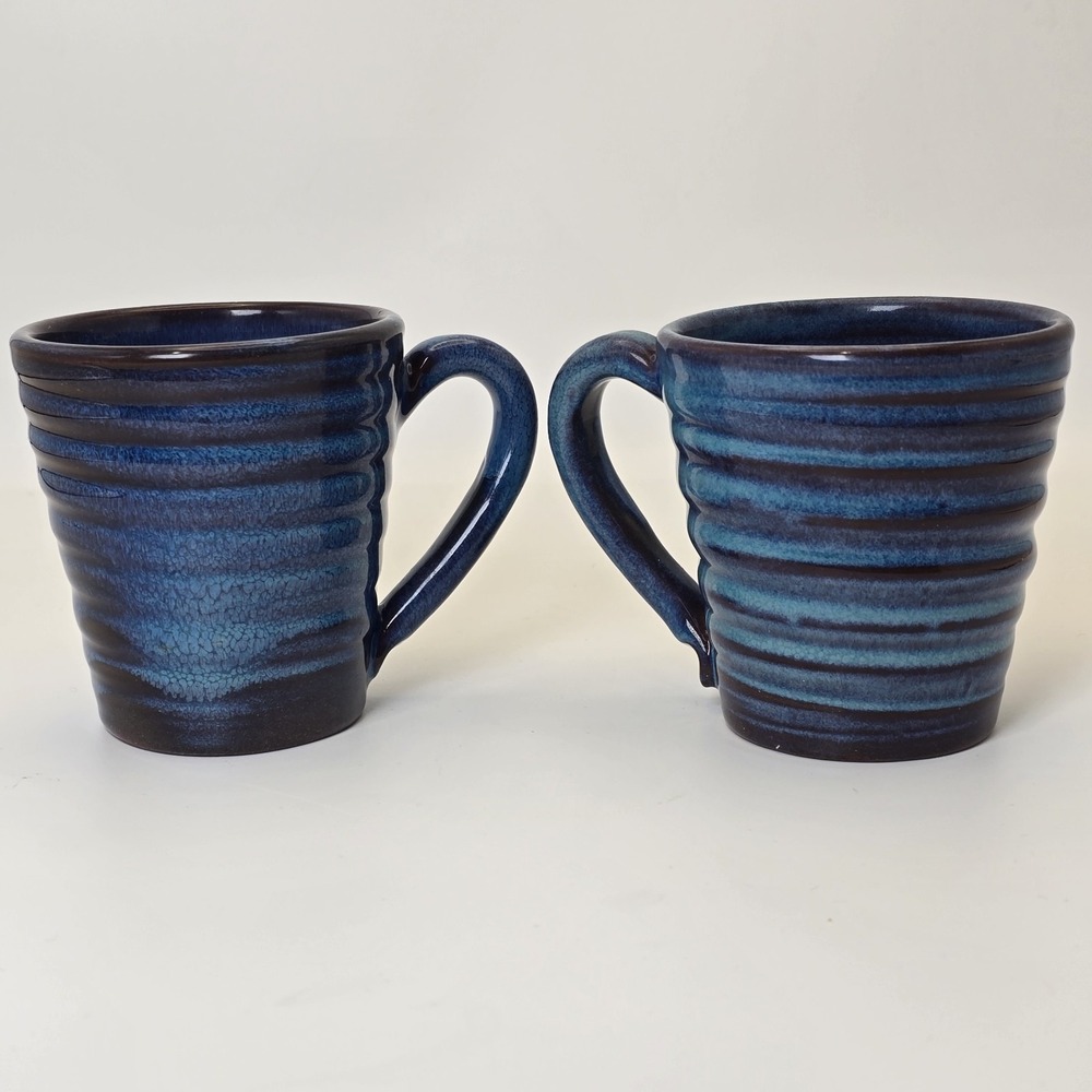 Rackliffe Pottery Blue Hill Maine Pair Signed Studio Pottery Blue Mugs - Picture 5 of 11